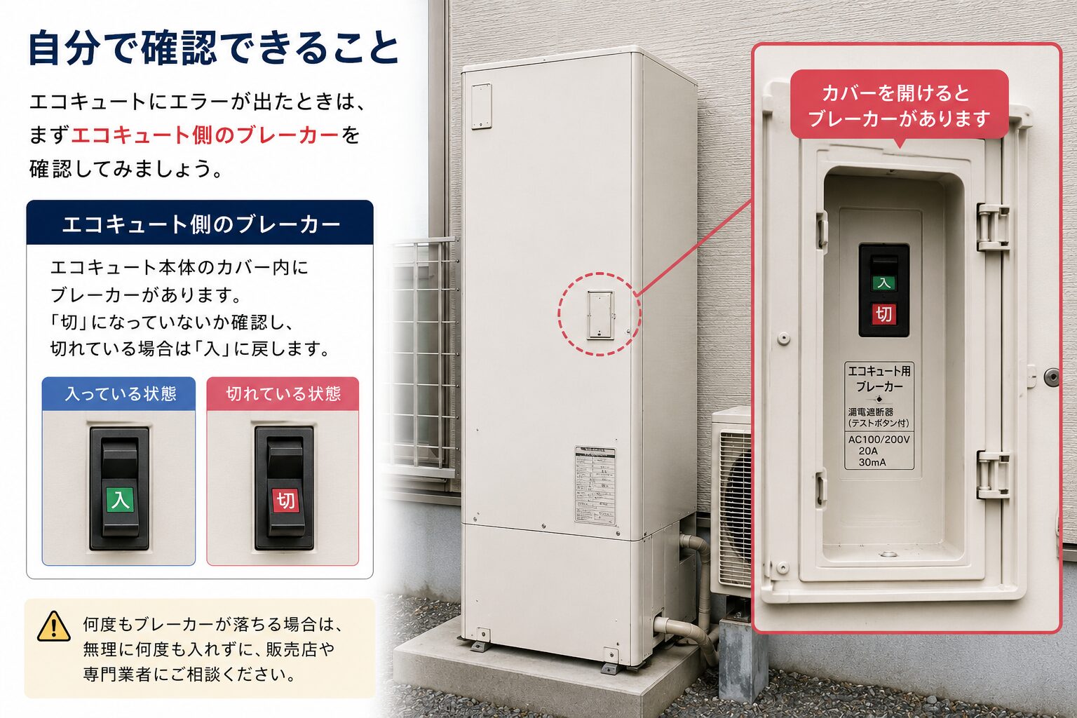 エコキュート側のブレーカーを確認するイメージ