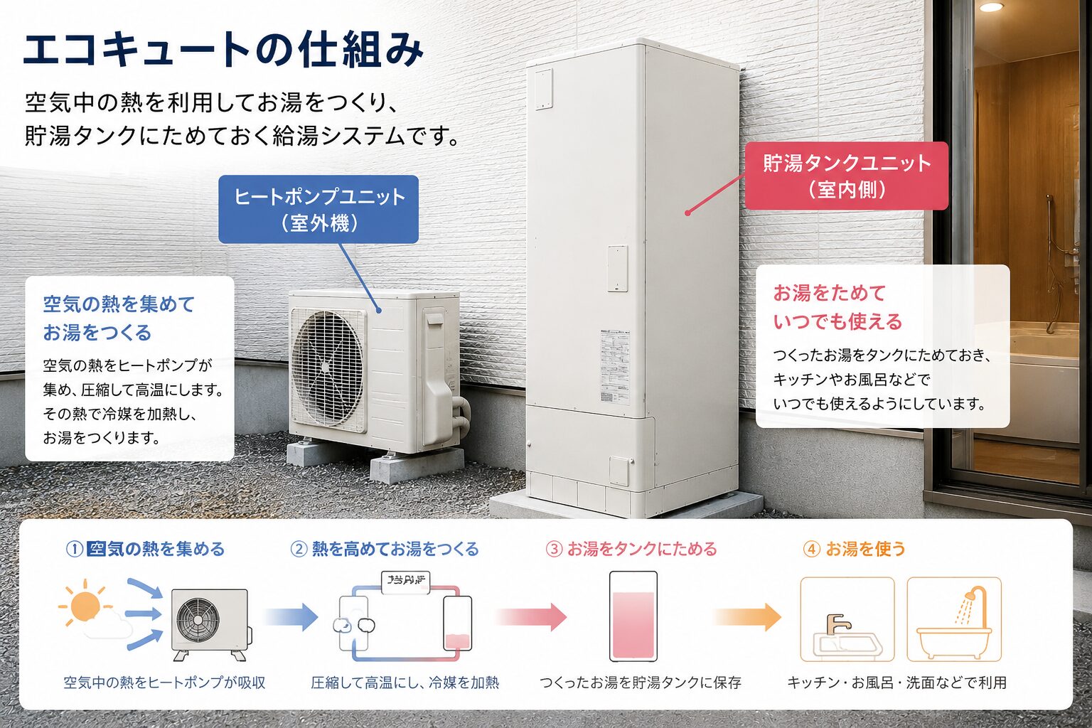 エコキュートのタンクと室外機の仕組みを説明する画像