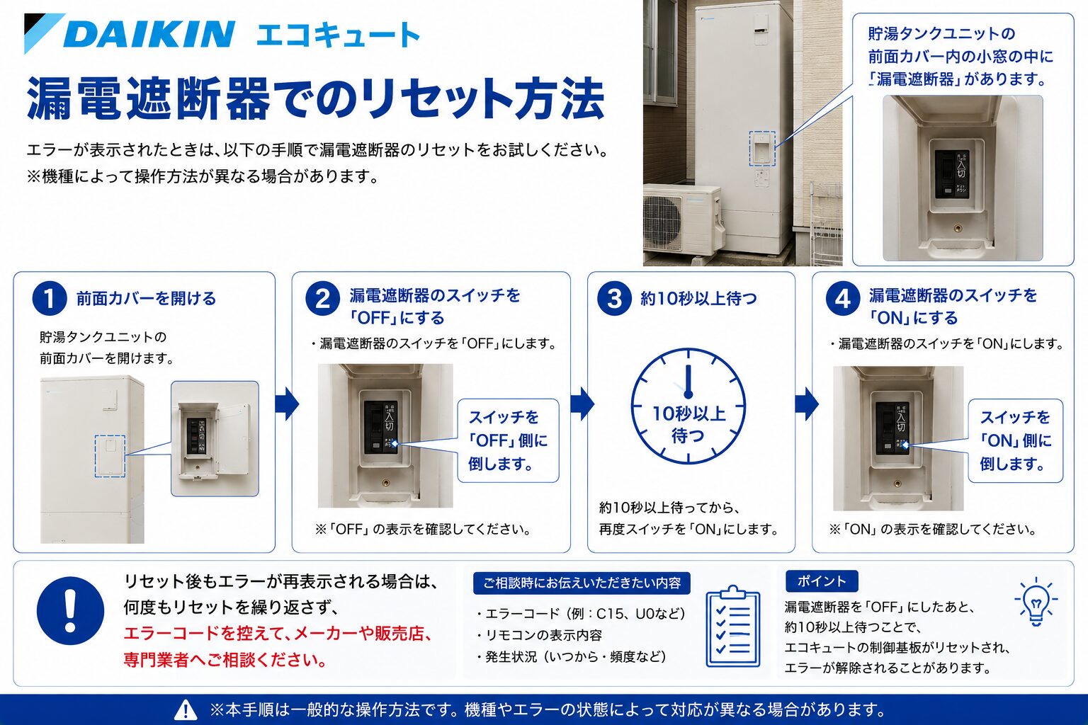 ダイキン エコキュート C71の漏電遮断器によるリセット方法
