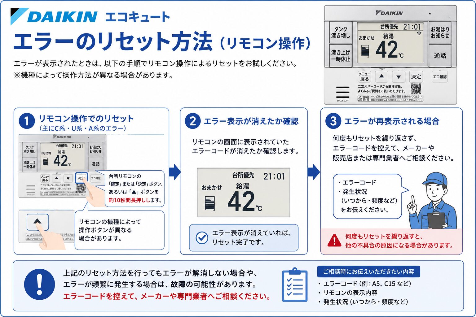 ダイキン エコキュートのリモコン操作によるエラーリセット方法